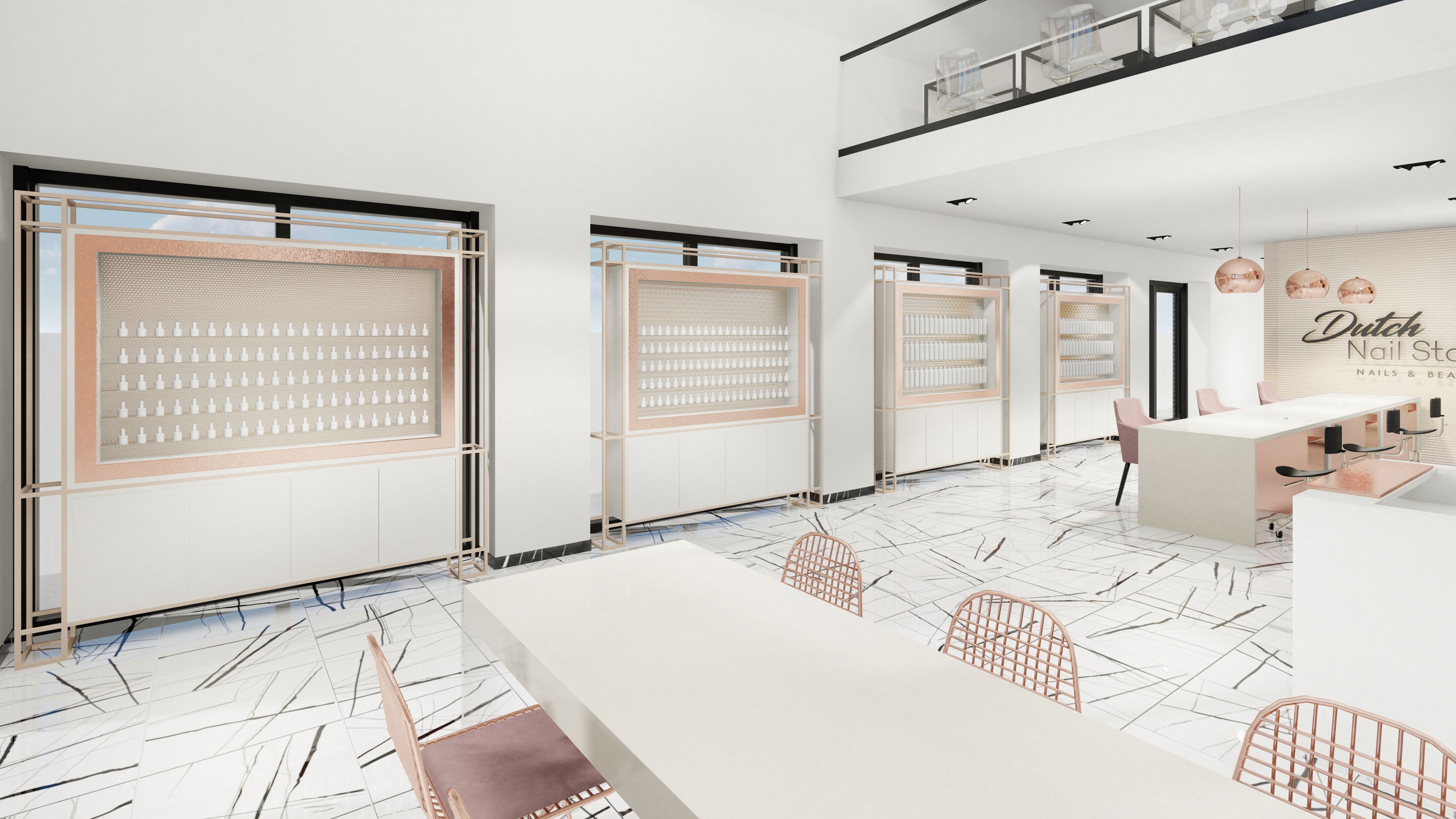 Rendering of a wall of nail polish in a bright nail salon 