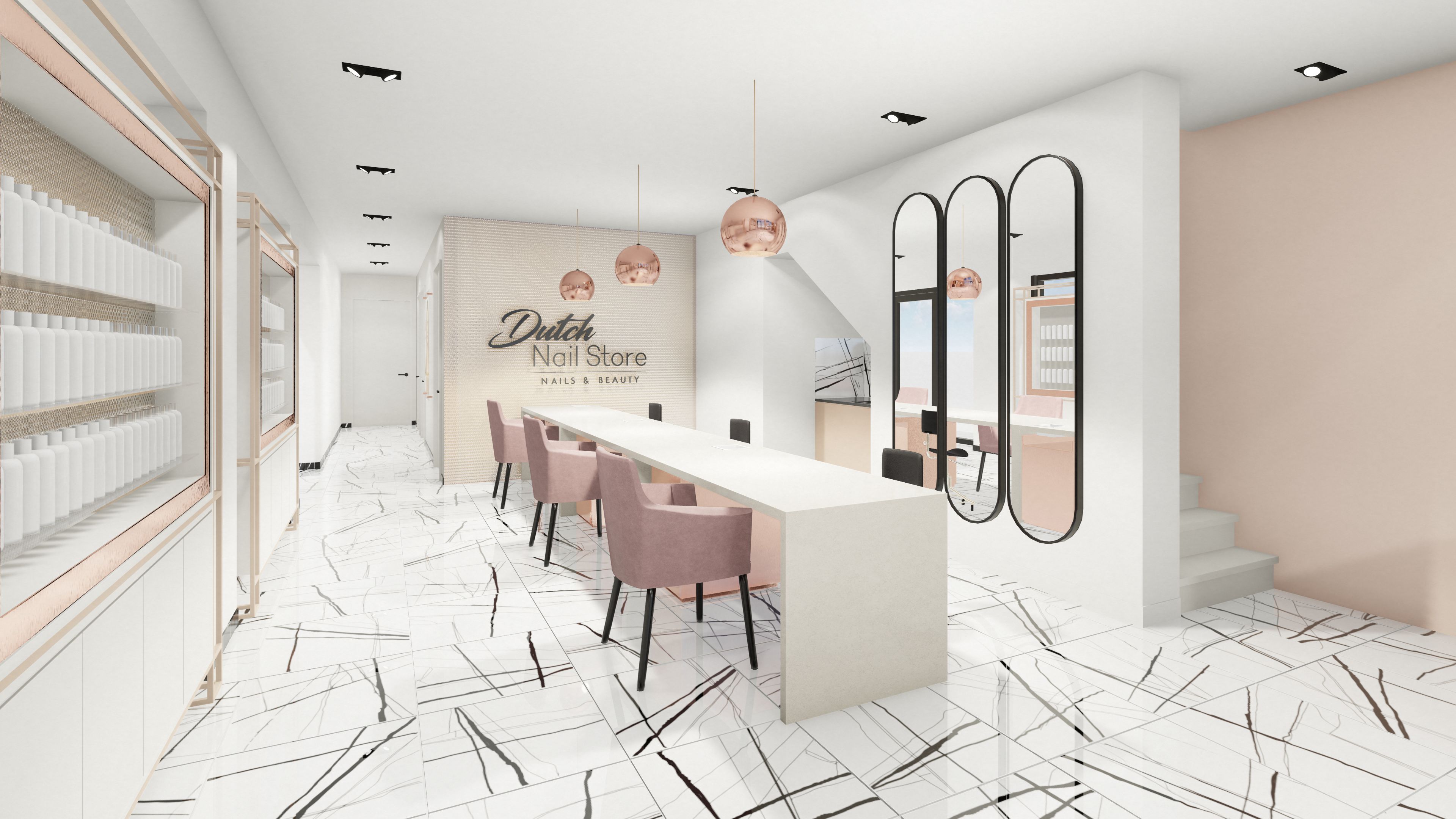 Rendering of a light and bright nail salon